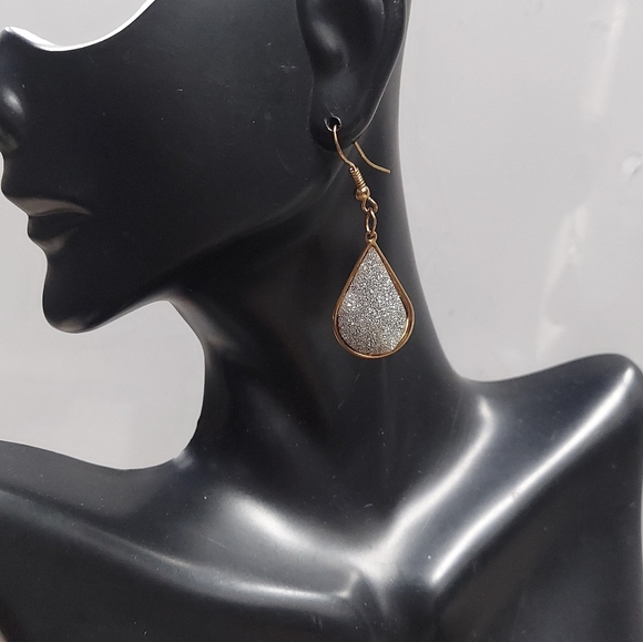 E739 Goldtone Teardrop with Silver Sparkle Glitter Accent Earrings - Picture 5 of 7